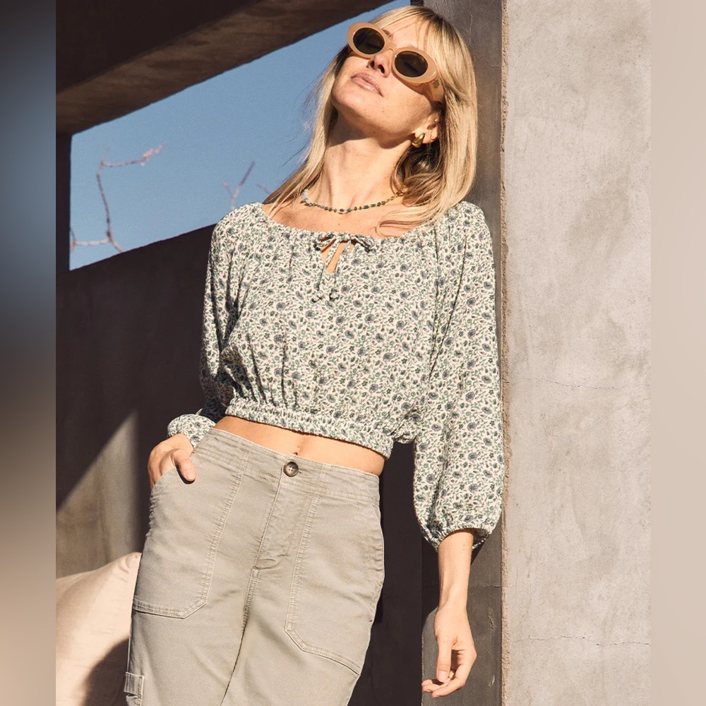 NWT Marine Layer Tiana Double Cloth Cropped Blouse Green Floral Large